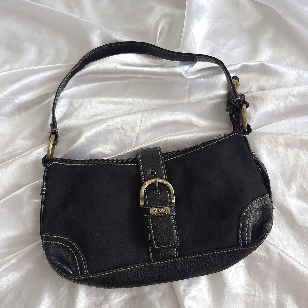 Chaps Black Nylon Baguette Shoulder Bag Y2K Buckle Detail Small Handbag
